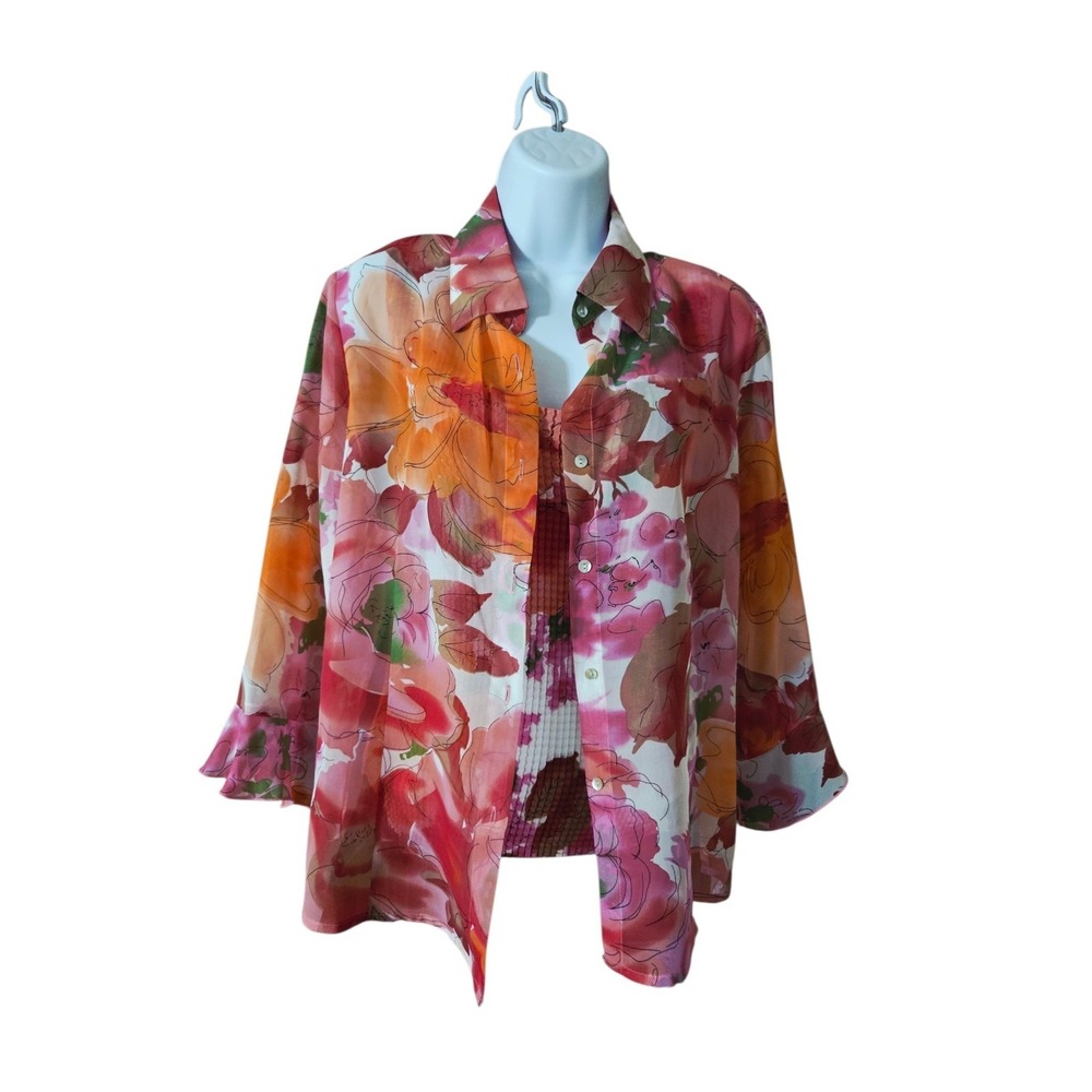 Nicola 2-piece Chiffon Pink Floral Ruffle Sleeve Button Up Blouse Top M NWT